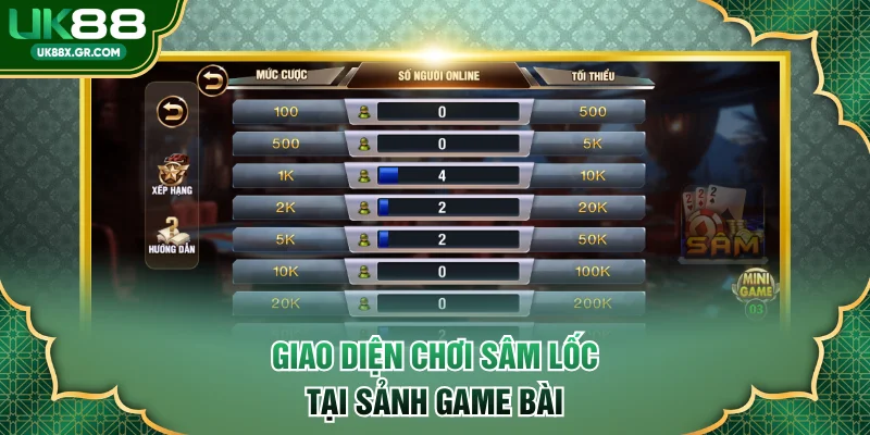 Giao diện chơi sâm lốc tại sảnh game bài